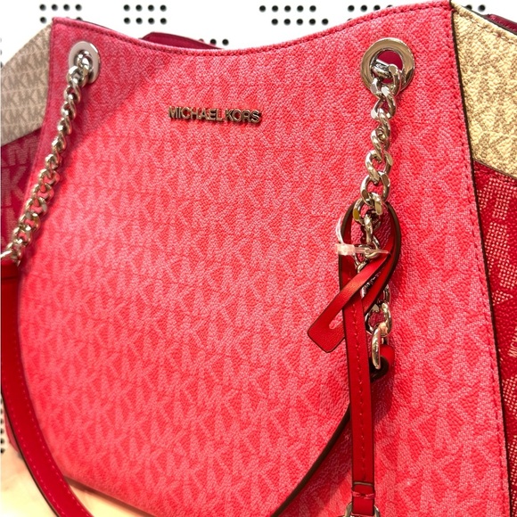 Michael Kors LG Jet Set Color-Block Signature Logo Shoulder Bag Dark Raspberry - Picture 8 of 11